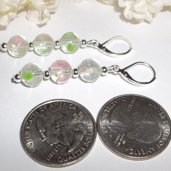 Clear Pink & Green Earring Set Handmade NWT 5146 - Picture 5 of 8